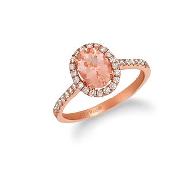 LE VIAN 14K STRAWBERRY GOLD HALO RING SIZE 7 WITH ONE 0.86CT OVAL PEACH MORGANITE AND 36=0.33TW ROUND VS2-SI1 NUDE DIAMONDS    (3.05 GRAMS)