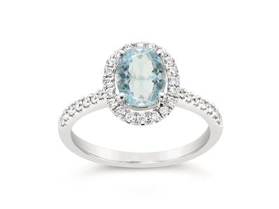LE VIAN 14K VANILLA GOLD HALO RING SIZE 7 WITH ONE 0.80CT OVAL SEA BLUE AQUAMARINE AND 36=0.33TW ROUND G-H SI1 VANILLA DIAMONDS   (3.15 GRAMS)