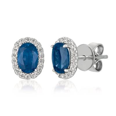 LEVIAN 14K VANILLA GOLD HALO EARRINGS WITH 2=1.08TW OVAL BLUEBERRY SAPPHIRES AND 36=0.13TW ROUND G-H SI1-SI2 VANILLA DIAMONDS   (1.45 GRAMS)
