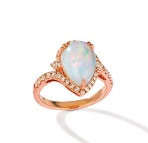 LEVIAN 14K STRAWBERRY GOLD HALO RING SIZE 7 WITH ONE 2.20CT PEAR NEOPOLITAN OPAL AND 32=0.57TW ROUND VS2-SI1 NUDE DIAMONDS  (5.22 GRAMS)