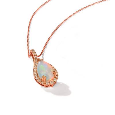 LEVIAN CREME BRULEE 14K STRAWBERRY GOLD HALO PENDANT WITH ONE 2.20CT PEAR CABOCHON NEOPOLITAN OPAL AND 25=0.60TW ROUND VS2-SI1 NUDE DIAMONDS 20