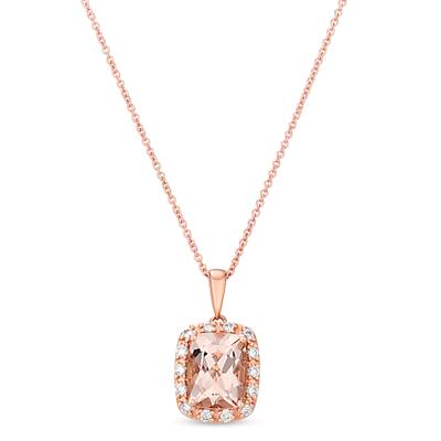 LE VIAN CREME BRULEE 14K STRAWBERRY GOLD HALO PENDANT ONE 1.54CT CUSHION PEACH MORGANITE  14=0.20TW ROUND NUDE VS2-SI1 DIAMONDS  2=0.02TW ROUND SI1 CHOCOLATE DIAMONDS 18