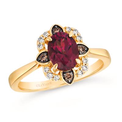 LE VIAN 14K HONEY GOLD HALO RING SIZE 7 ONE 1.35CT OVAL RASPBERRY RHODOLITE GARNET  12=0.10TW ROUND NUDE VS2-SI1 DIAMONDS  4=0.05TW ROUND SI1 CHOCOLATE DIAMONDS   (3.63 GRAMS)