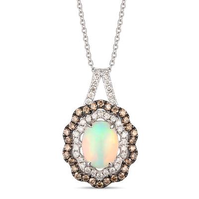 LEVIAN CREME BRULEE 14K VANILLA GOLD DOUBLE HALO PENDANT ONE 1.00CT OVAL CABOCHON NEOPOLITAN OPAL  30=0.36TW ROUND SI1 CHOCOLATE DIAMONDS  AND 38=0.25TW ROUND VS2-SI1 NUDE DIAMONDS  20