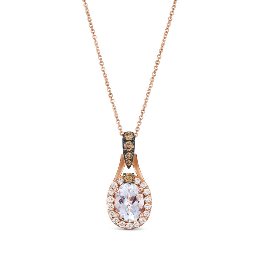 LE VIAN CHOCOLATIER COLLECTION 14K STRAWBERRY  GOLD HALO PENDANT ONE 0.95CT OVAL SEA BLUE AQUAMARINE  5=0.20TW ROUND CHOCOLATE SI1 DIAMONDS  AND 17=0.12TW ROUND H-I SI1 VANILLA DIAMONDS 20