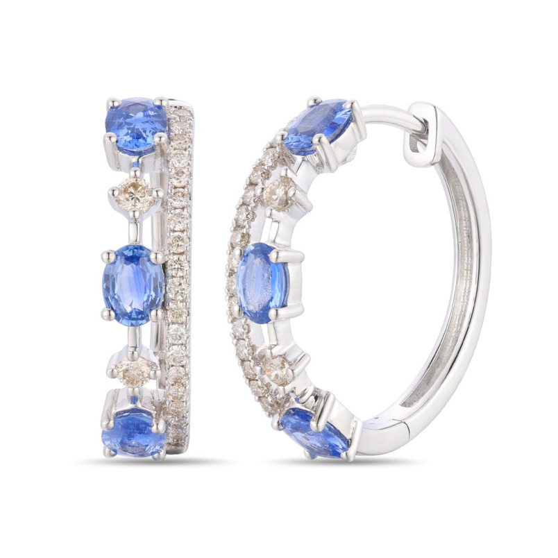 LE VIAN 14K VANILLA GOLD HOOP EARRINGS WITH 6 = 0.96TW OVAL BLUEBERRY SAPPHIRES AND 42 = 0.28TW ROUND H-I SI2 VANILLA DIAMONDS  (3.83 GRAMS)