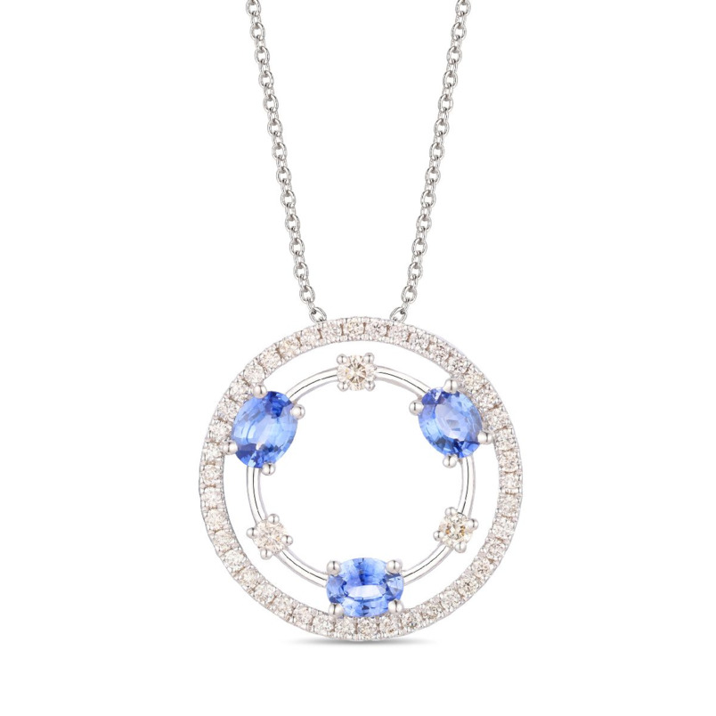 LE VIAN 14K VANILLA GOLD CIRCLE PENDANT WITH 3 = 0.48TW OVAL BLUEBERRY SAPPHIRES AND 45 = 0.27TW ROUND H-I SI2 VANILLA DIAMONDS 20