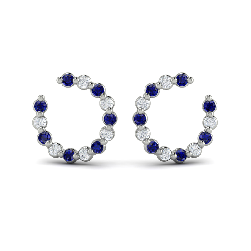 14K WHITE GOLD HOOP EARRINGS WITH 12=0.66TW ROUND G-H VS2-SI1 DIAMONDS AND 14=1.04TW ROUND BLUE SAPPHIRES  (5.96 GRAMS)