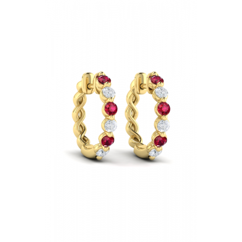 14K YELLOW GOLD HUGGIE EARRINGS WITH 6 = 0.43TW ROUND RUBYS AND 6 = 0.35TW ROUND F-G VS2-SI1 DIAMONDS   (2.85 GRAMS)