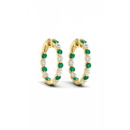14K YELLOW GOLD INSIDE OUT HOOP EARRINGS WITH 14 = 0.68TW ROUND EMERALDS AND 12 = 0.64TW ROUND F-G VS2-SI1 DIAMONDS   (4.33 GRAMS)