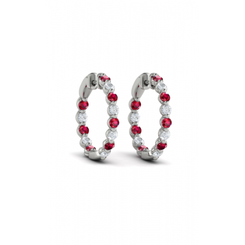14K WHITE GOLD INSIDE OUT HOOP EARRINGS WITH 14 = 0.96TW ROUND RUBYS AND 12 = 0.66TW ROUND F-G VS2-SI1 DIAMONDS   (4.50 GRAMS)
