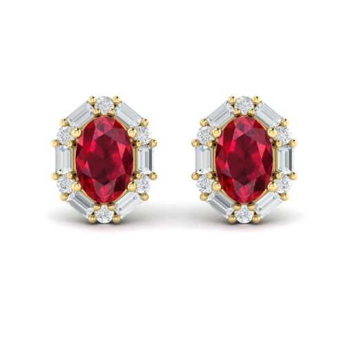 14K YELLOW GOLD STUD EARRINGS WITH 2 = 1.15TW OVAL RUBYS AND 24 = 0.39TW VARIOUS SHAPES (12 ROUNDS & 12 BAGUETTES) F-G VS2-SI1 DIAMONDS  (2.20 GRAMS)