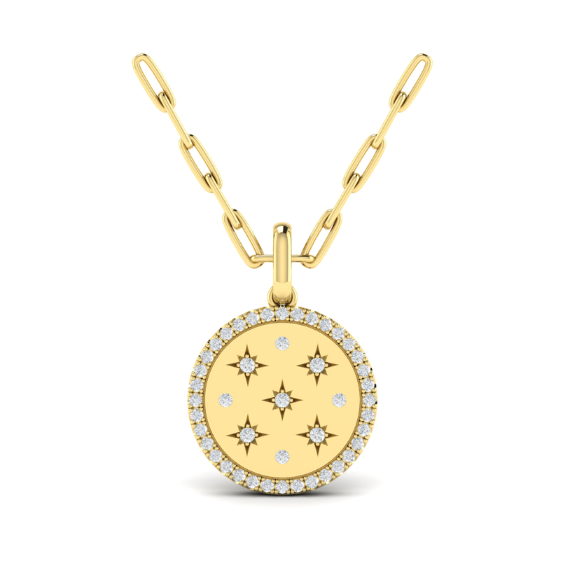 14K YELLOW GOLD DISC DIAMOND PENDANT WITH 45=0.27TW ROUND G-H VS2-SI1 DIAMONDS ON 18