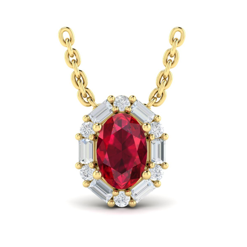 14K YELLOW GOLD HALO PENDANT WITH ONE = 0.77CT OVAL RUBY AND 12 = 0.19TW VARIOUS SHAPES (6 ROUNDS & 6 BAGUETTES) F-G VS2-SI1 DIAMONDS 18