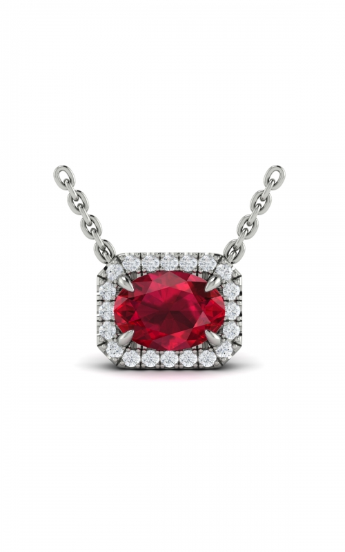 14K WHITE GOLD HALO PENDANT WITH ONE = 1.02CT OVAL RUBY AND 20 = 0.12TW ROUND F-G VS2-SI1 DIAMONDS 18