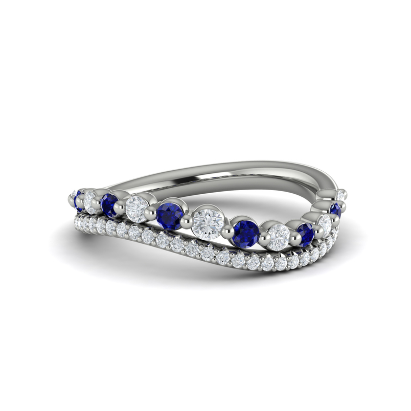 14K WHITE GOLD RING SIZE 6.5 WITH 6=0.27TW ROUND BLUE SAPPHIRES AND 34=0.39TW ROUND G-H VS2-SI1 DIAMONDS   (2.81 GRAMS)