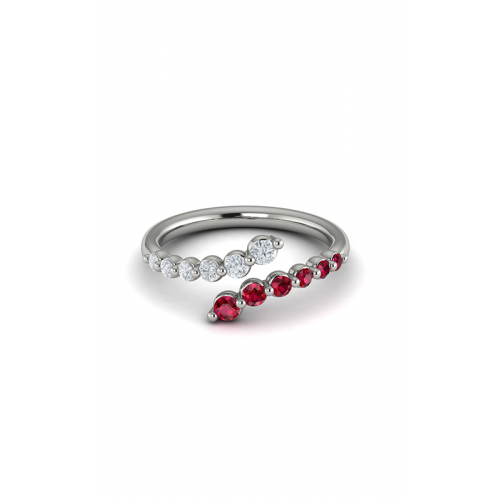 14K WHITE GOLD SHARED PRONG RING SIZE 6.5 WITH 6 = 0.34TW ROUND RUBYS AND 6 = 0.28TW ROUND F-G VS2-SI1 DIAMONDS   (2.60 GRAMS)