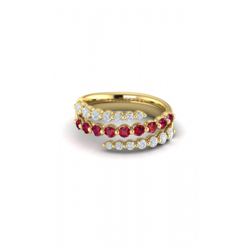14K YELLOW GOLD SHARED PRONG RING SIZE 6.5 WITH 9 = 0.68TW ROUND RUBYS AND 14 = 0.50TW ROUND F-G VS2-SI1 DIAMONDS   (5.22 GRAMS)