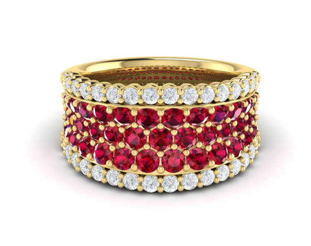 14K YELLOW GOLD RING SIZE 6.5 WITH 43=2.25TW ROUND RUBYS AND 32=0.73TW ROUND F-G VS2-SI1 DIAMONDS   (9.58 GRAMS)
