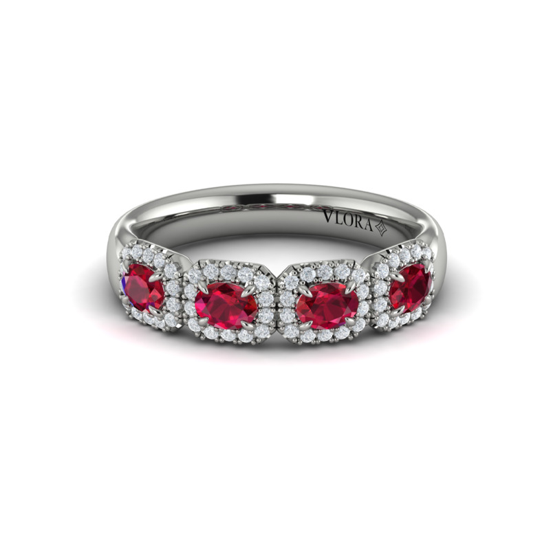 14K WHITE GOLD HALO RING SIZE 6.5 WITH 4 = 0.85TW OVAL RUBYS AND 56 = 0.19TW ROUND F-G VS2-SI1 DIAMONDS   (4.45 GRAMS)