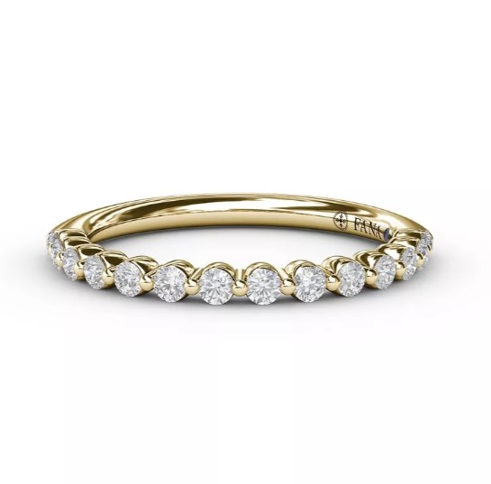14K YELLOW GOLD SHARED PRONG DIAMOND ANNIVERSARY RING SIZE 6.5 WITH 14=0.28TW ROUND G-H VS2-SI1 DIAMONDS AND ONE ROUND BLUE SAPPHIRE  (1.88 GRAMS)
