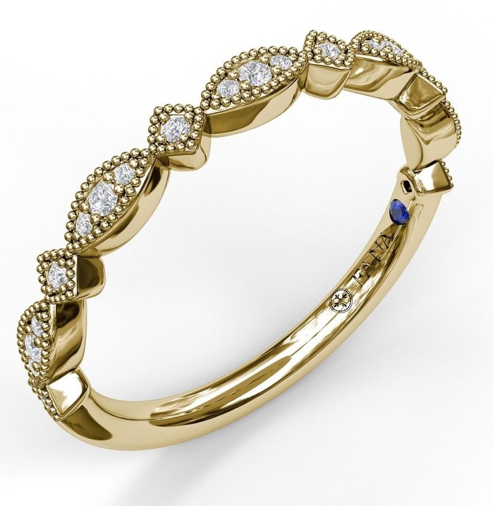 14K YELLOW GOLD MILGRAIN STACKABLE DIAMOND ANNIVERSARY RING SIZE 6.5 WITH 21=0.10TW ROUND G-H VS2-SI1 DIAMONDS AND ONE ROUND BLUE SAPPHIRE   (2.10 GRAMS)