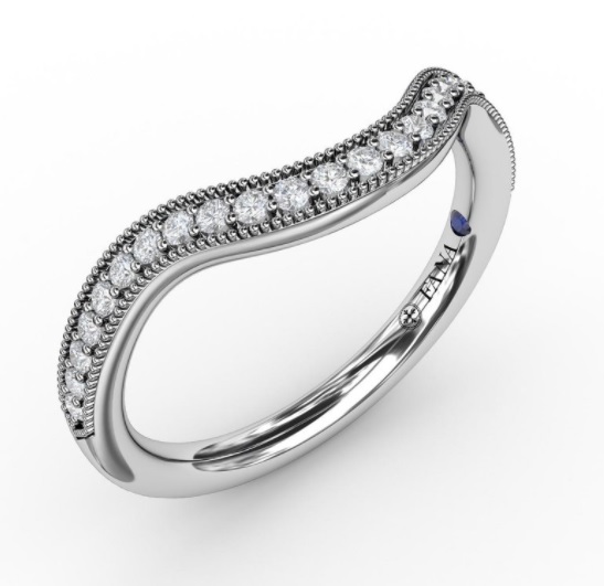 14 KARAT WHITE GOLD CURVED DIAMOND WEDDING BAND SIZE 6.5 WITH 25=0.21TW ROUND G-H COLOR VS2-SI1 CLARITY DIAMONDS AND ONE 0.01CT ROUND BLUE SAPPHIRE