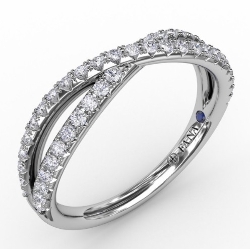 14K WHITE GOLD CRISSCROSS DIAMOND ANNIVERSARY RING SIZE 6.5 WITH 47=0.39TW ROUND G-H VS2-SI1 DIAMONDS AND ONE ROUND BLUE SAPPHIRE