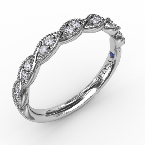 14K WHITE GOLD MILGRAIN PRONG SET DIAMOND ANNIVERSARY RING SIZE 6.5 WITH 14=0.12TW ROUND G-H VS2-SI1 DIAMONDS AND ONE ROUND BLUE SAPPHIRE