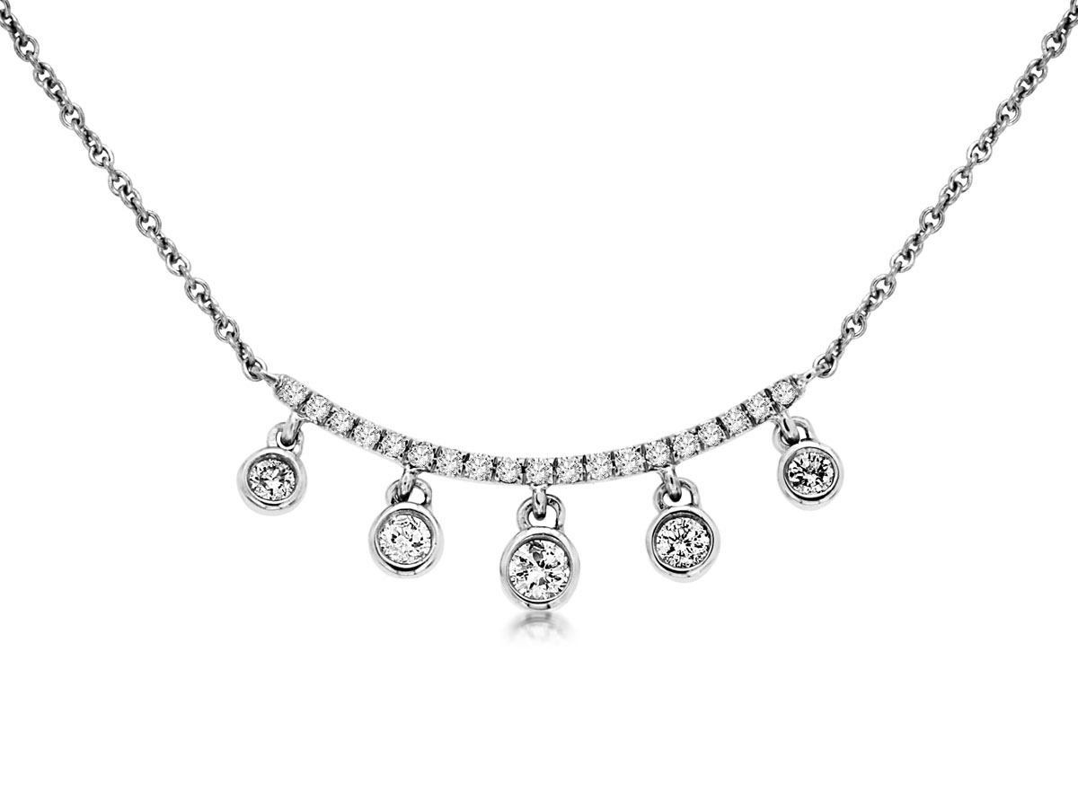 14K WHITE GOLD CURVED BAR DIAMOND NECKLACE WITH 24=0.33TW ROUND H-I I1-I2 DIAMONDS ON A 14KT WHITE GOLD 17