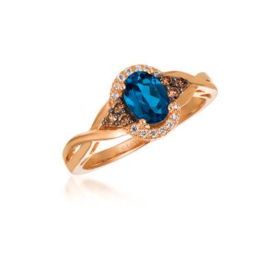 LE VIAN CHOCOLATIER 14K STRAWBERRY GOLD HALO RING SIZE 7 ONE 0.70CT OVAL DEEP SEA BLUE TOPAZ  8=0.13TW ROUND SI1 CHOCOLATE DIAMONDS  14=0.05TW ROUND G-H SI1 VANILLA DIAMONDS   (3.50 GRAMS)