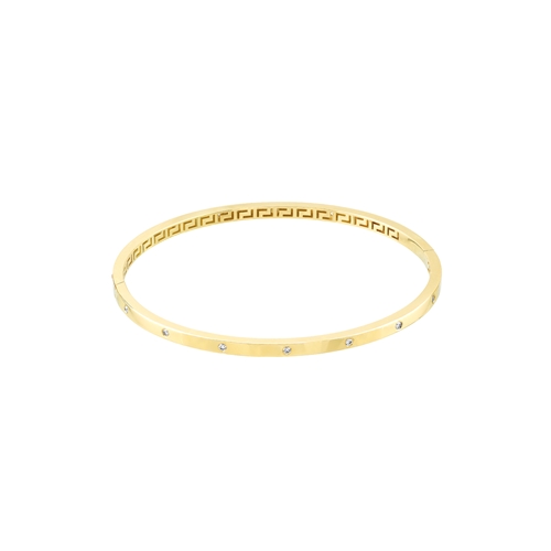 14K YELLOW GOLD BANGLE GREEK KEY INTERIOR DIAMOND BRACELET WITH 15=0.17TW ROUND H-I SI2-I1 DIAMONDS