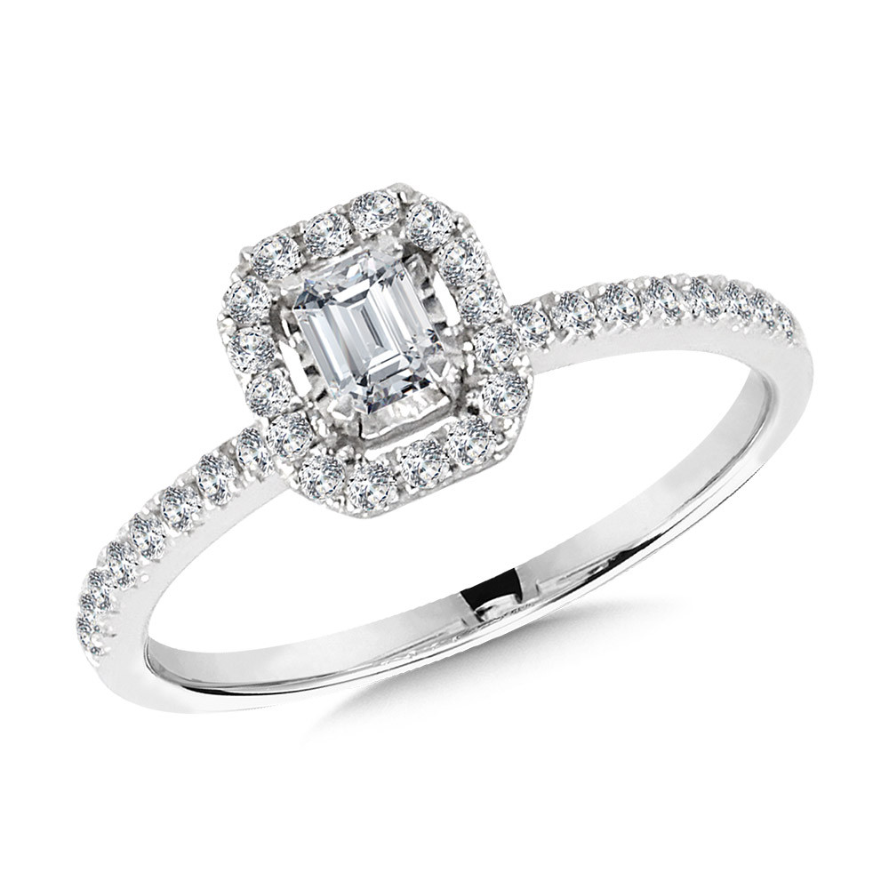 14K WHITE GOLD HALO ENGAGEMENT RING SIZE 7 WITH ONE 0.25CT EMERALD H-I SI3-I1 DIAMOND AND 34=0.25TW ROUND H-I SI3-I1 DIAMONDS   (2.27 GRAMS)