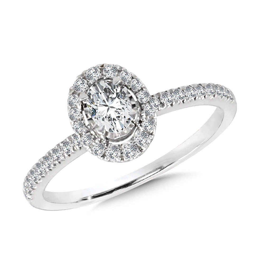 14K WHITE GOLD HALO ENGAGEMENT RING SIZE 7 WITH ONE 0.25CT OVAL H-I SI3-I1 DIAMOND AND 37=0.25TW ROUND H-I SI3-I1 DIAMONDS    (2.54 GRAMS)