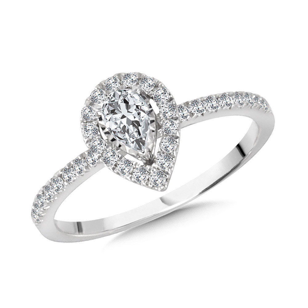 14K WHITE GOLD HALO ENGAGEMENT RING SIZE 7 WITH ONE 0.25CT PEAR H-I SI2-I1 DIAMOND AND 34=0.25TW ROUND H-I SI2-I1 DIAMONDS