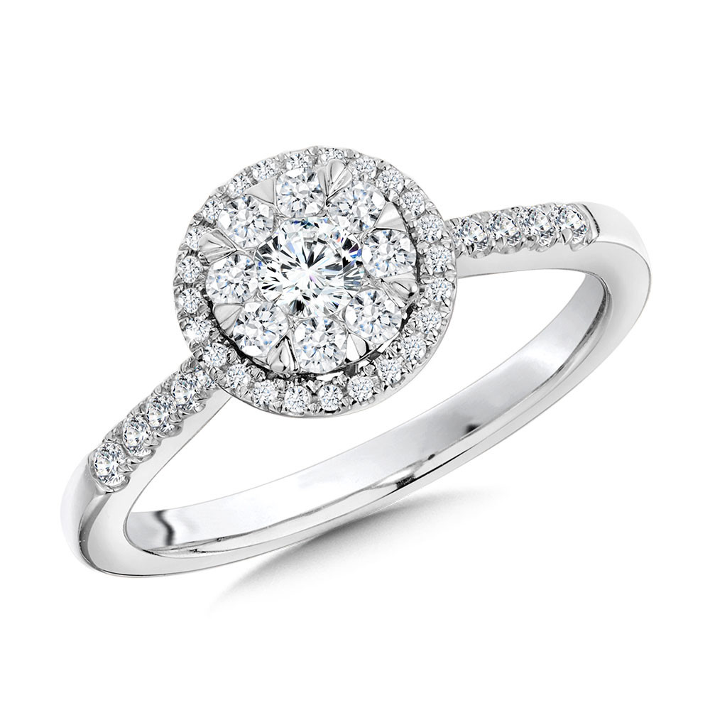 14K WHITE GOLD CLUSTER ENGAGEMENT RING SIZE 7 WITH 43=0.50TW ROUND H-I SI3-I1 DIAMONDS   (3.23 GRAMS)