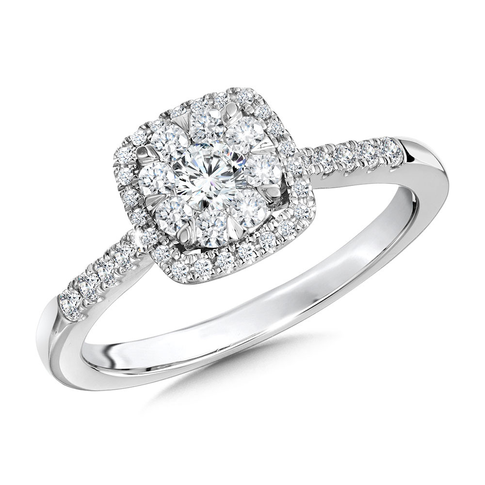 14K WHITE GOLD CLUSTER ENGAGEMENT RING SIZE 7 WITH 44=0.50TW ROUND H-I SI3-I1 DIAMONDS   (3.44 GRAMS)