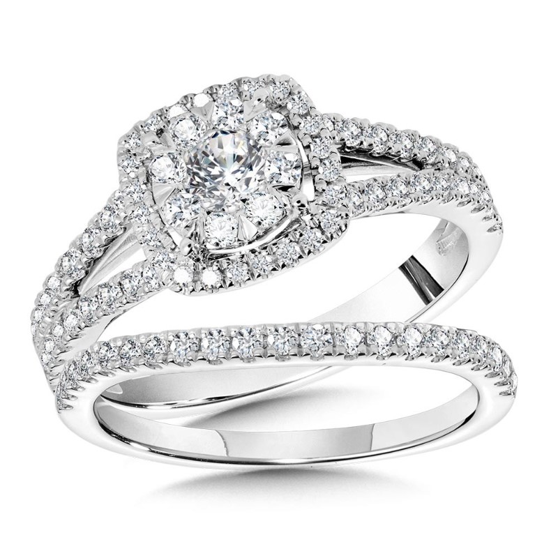 14K WHITE GOLD DOUBLE HALO WEDDING SET SIZE 7 WITH ONE 0.20CT ROUND H-I SI3-I1 DIAMOND AND 89=0.80TW ROUND H-I SI3-I1 DIAMONDS   (6.13 GRAMS)
