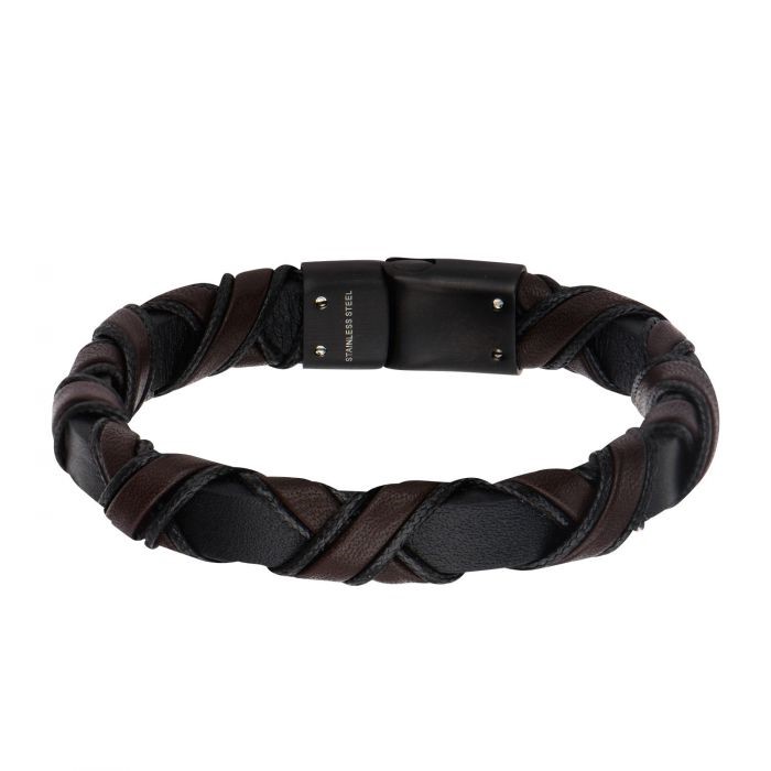 BLACK PLATED CLASP WITH WOVEN BLACK AND DARK BROWN LEATHER 8.5