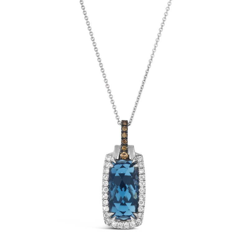 LEVIAN 14K VANILLA GOLD HALO PENDANT ONE 3.85CT EMERALD DEEP SEA BLUE TOPAZ  26=0.20TW ROUND VS2-SI1 NUDE DIAMONDS  6=0.08TW ROUND CHOCOLATE DIAMONDS 20