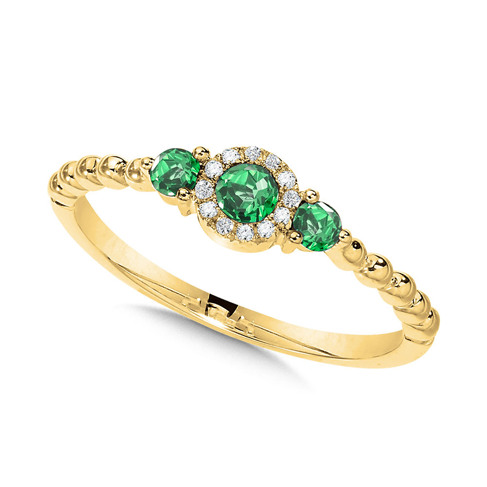 14K YELLOW GOLD BEADED HALO RING SIZE 7 WITH 3=0.25TW ROUND EMERALDS AND 12=0.04TW SINGLE CUT H-I I1 DIAMONDS   (1.57 GRAMS)