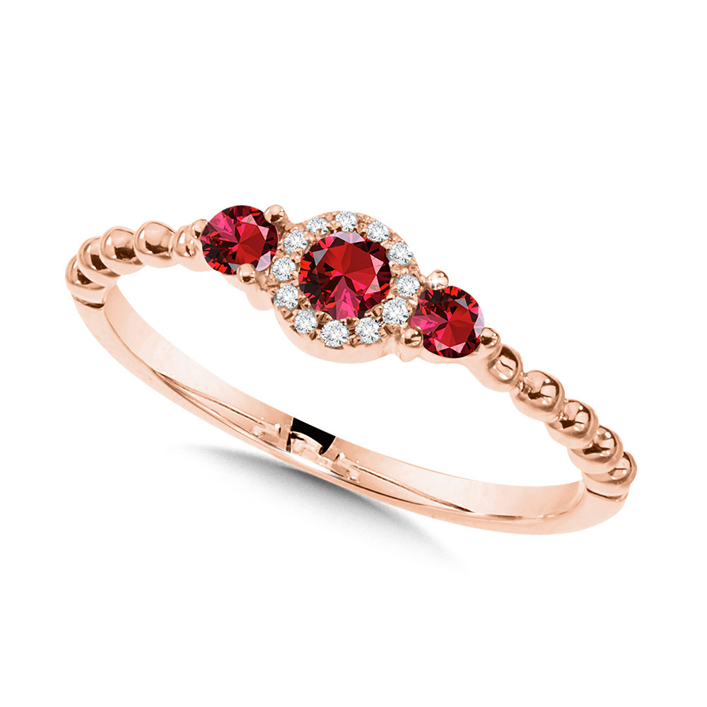 14K ROSE GOLD BEADED HALO RING SIZE 7 WITH 3=0.25TW ROUND RUBYS AND 12=0.04TW SINGLE CUT H-I I1 DIAMONDS   (1.50 GRAMS)