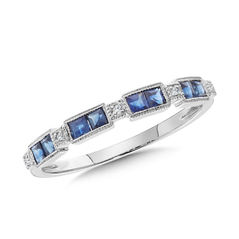 14K WHITE GOLD MILGRAIN STACKABLE RING SIZE 7.25 WITH 8=0.48TW PRINCESS BLUE SAPPHIRES AND 5=0.02TW SINGLE CUT G-H SI2-I1 DIAMONDS   (1.66 GRAMS)