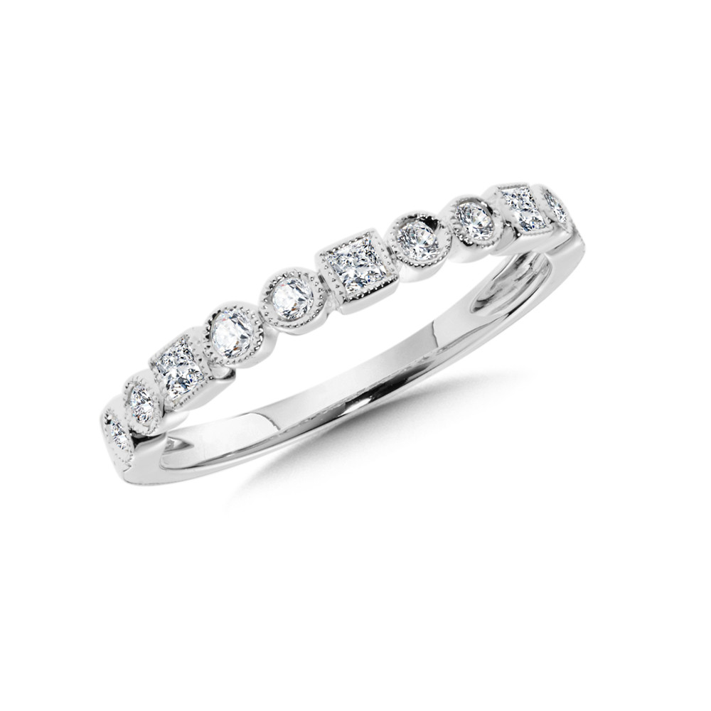 14K WHITE GOLD MILGRAIN STACKABLE DIAMOND FASHION RING SIZE 7 WITH 11=0.38TW VARIOUS SHAPES (8 ROUNDS & 3 PRINCESS) H-I I1 DIAMONDS   (1.68 GRAMS)