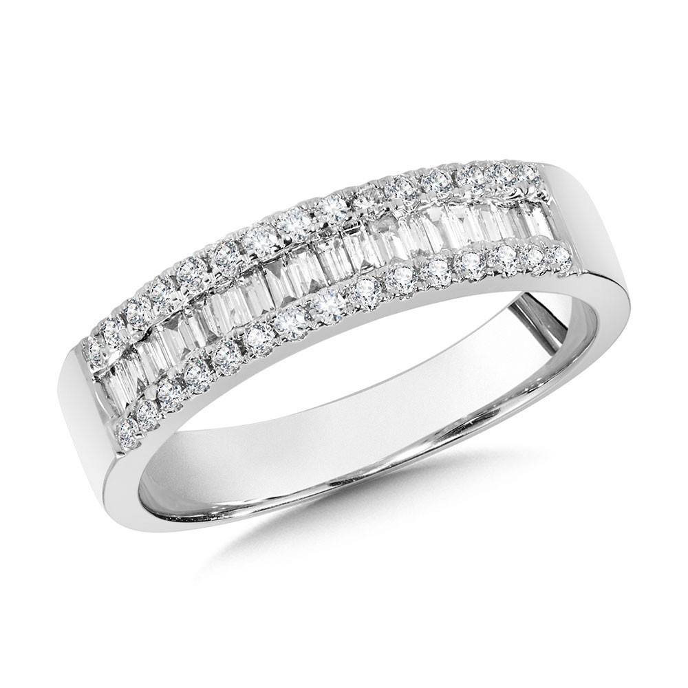 14K WHITE GOLD DIAMOND FASHION RING SIZE 7 WITH 30=0.50TW ROUND H-I SI3-I1 DIAMONDS AND 20= BAGUETTE H-I SI3-I1 DIAMONDS   (4.06 GRAMS)