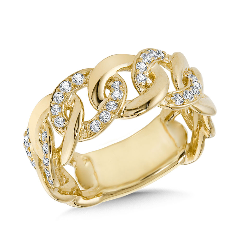 14K YELLOW GOLD CUBAN LINK DIAMOND FASHION RING SIZE 7 WITH 30=0.30TW ROUND H-I I1 DIAMONDS  (5.69 GRAMS)