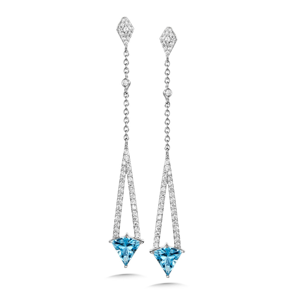 14K WHITE GOLD DANGLE EARRINGS WITH 2=1.78TW KITE SHAPE BLUE TOPAZS AND 84=0.50TW ROUND G-H SI2 DIAMONDS   (3.78 GRAMS)