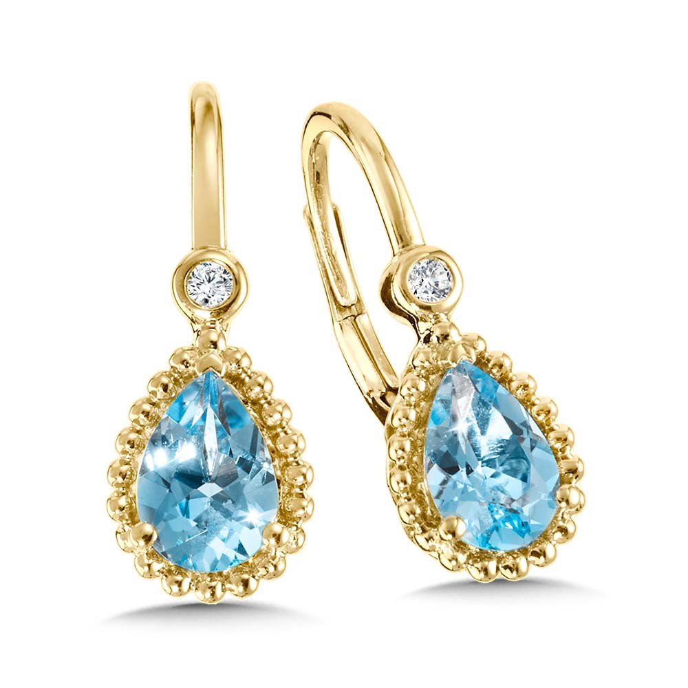 14K YELLOW GOLD BEADED DROP EARRINGS WITH 2=1.20TW PEAR BLUE TOPAZS AND 2=0.03TW ROUND G-H I1 DIAMONDS   (2.51 GRAMS)