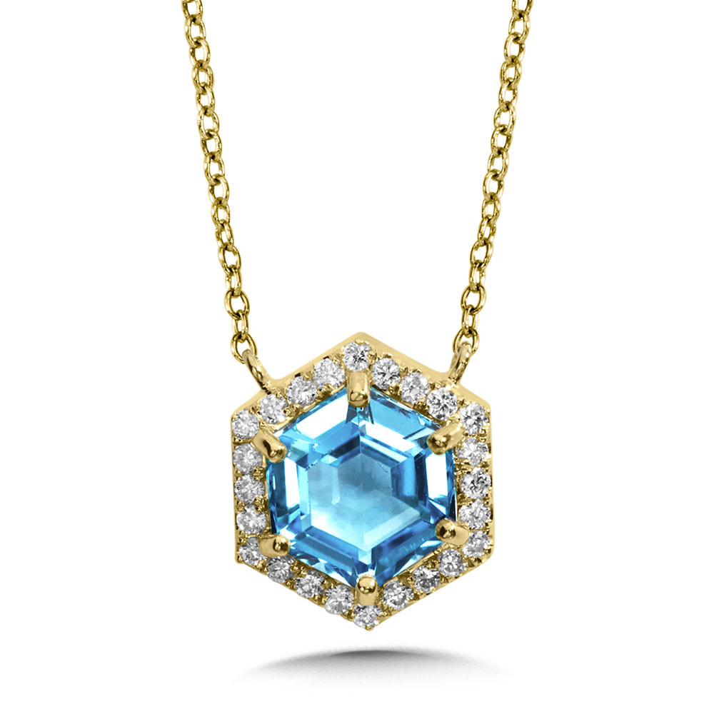 14K YELLOW GOLD HALO NECKLACE WITH ONE 1.50CT HEXAGON BLUE TOPAZ AND 24=0.09TW ROUND H-I I1 DIAMONDS 18