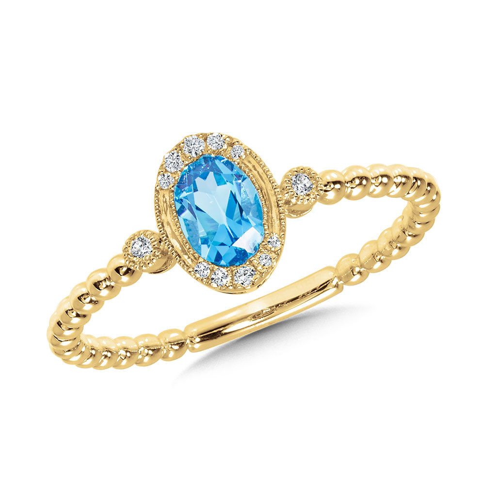 14K YELLOW GOLD BEADED HALO RING SIZE 7 WITH ONE 0.55CT OVAL BLUE TOPAZ AND 12=0.07TW ROUND H-I I1 DIAMONDS    (1.53 GRAMS)